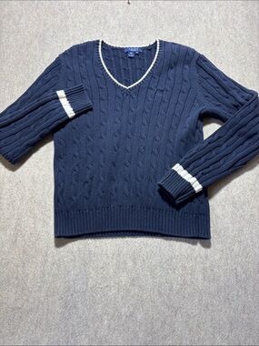 Chaps Women V-Neck Cotton Cable Knit Sweater Navy Fall Spring Size M  (11)